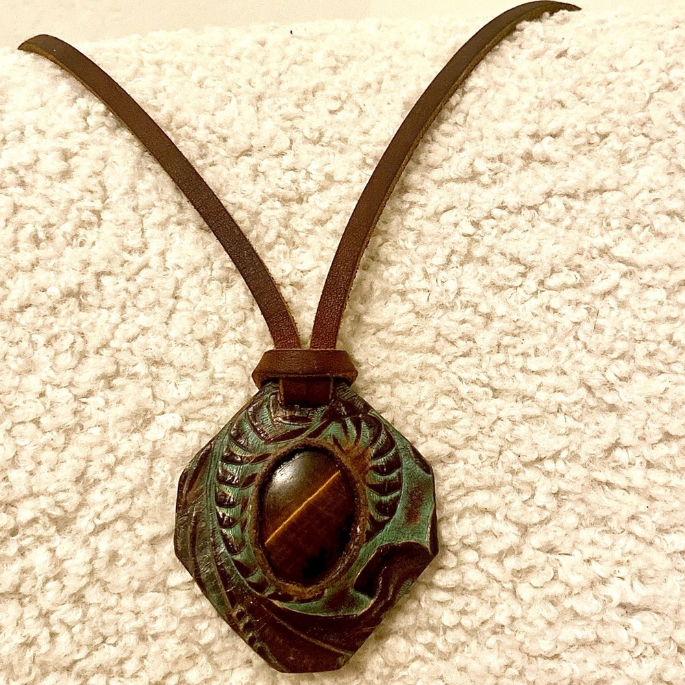 Handcrafted embossed leather natural Tiger’s eye necklace. Brand new.